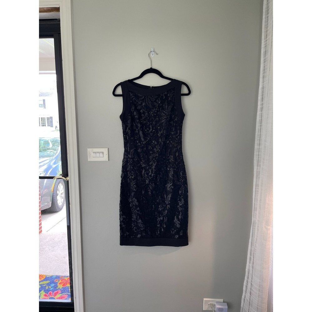 Tadashi Shoji black Sequin Floral Embroidered Sheath Dress Womens 4 Wedding LBD